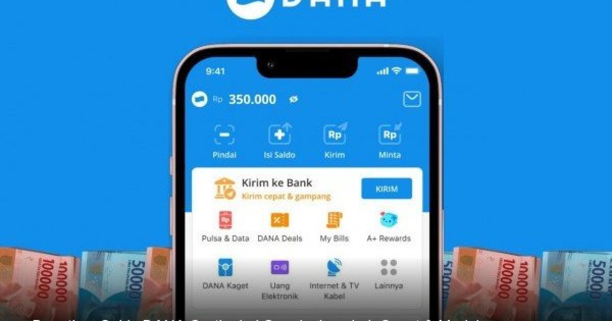 Tampilan layar ponsel menunjukkan aplikasi DANA dengan notifikasi saldo masuk.