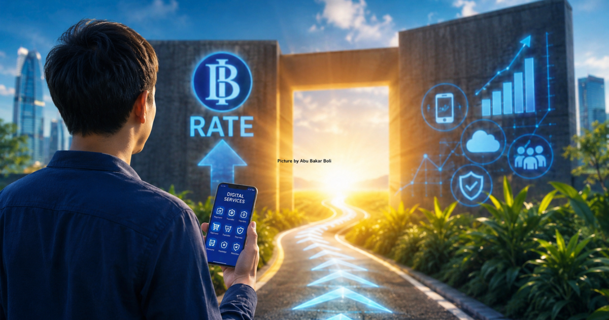 Ilustrasi optimisme layanan digital di tengah kenaikan BI Rate, menggambarkan peluang baru, inovasi teknologi, dan pertumbuhan ekonomi berbasis digital. (Foto AI/Abu Bakar Boli)
