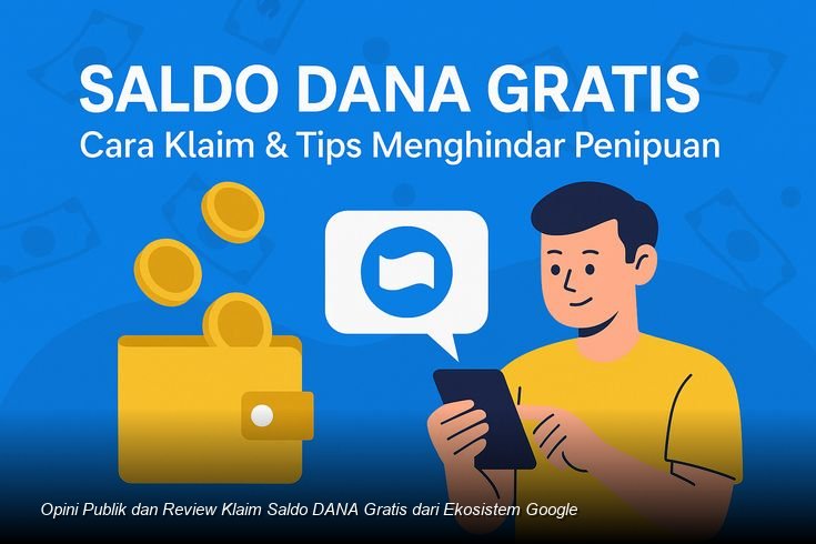 Seorang pengguna sedang meninjau layar ponsel yang menampilkan notifikasi aplikasi dompet digital dan logo Google.