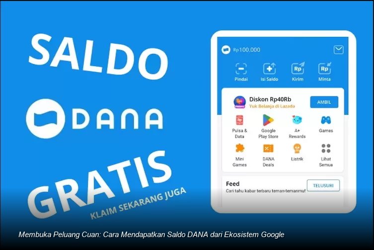 Ilustrasi seseorang sedang mengecek saldo DANA di ponsel yang terhubung dengan logo Google.
