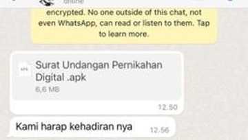 APK jahat berkedok undangan pernikahan yang dikirim ke Whatsapp (Foto: doc Alfons Tanujaya)
