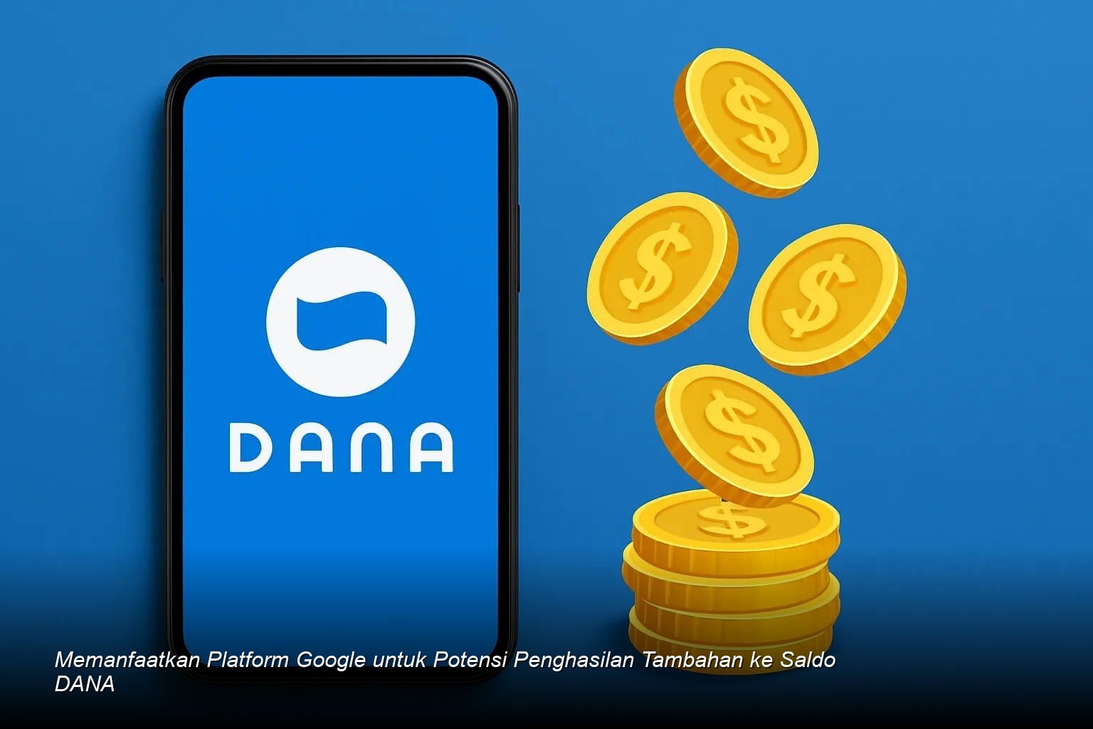 Ilustrasi seseorang sedang menggunakan laptop untuk mengakses program monetisasi Google dan melihat notifikasi saldo di aplikasi DANA.