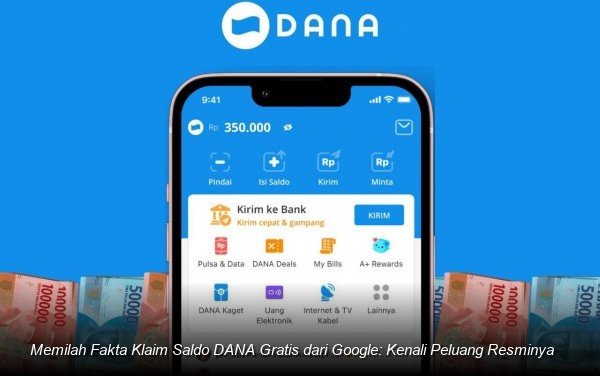Ilustrasi seseorang sedang membandingkan antara dua ponsel, satu menampilkan logo Google dan yang lainnya menampilkan saldo dompet digital.
