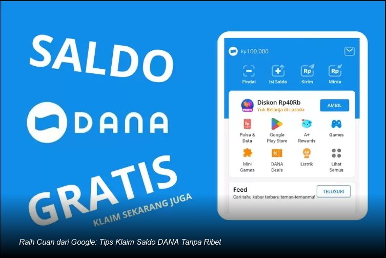 Ilustrasi seseorang memegang ponsel dengan tampilan aplikasi DANA dan logo Google di layar.