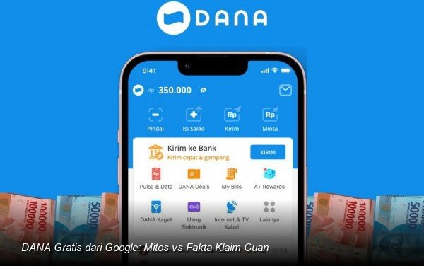 Ilustrasi dompet digital DANA dengan ikon Google yang mengambang di atasnya.