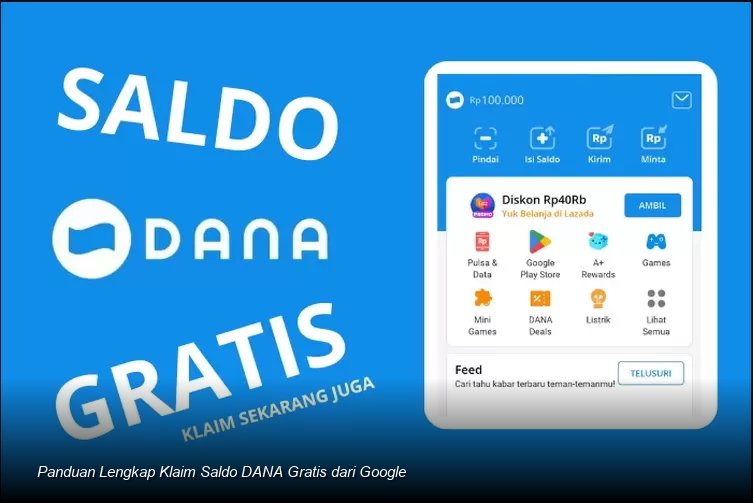 Ilustrasi tangan memegang ponsel dengan ikon DANA dan logo Google terlihat di layar.